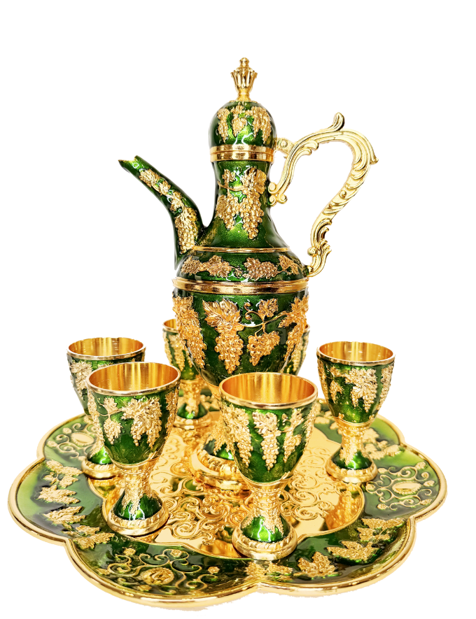 CONJUNTO COM CHALEIRA + 6 CÁLICES + PRATO DECORATIVO - CORES